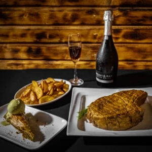 24K GOLD STEAK WITH STARTER,ANY CHOICE OF NON ALCHOLIC WINE & ANY CHOICE OF DESERT